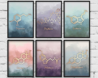 Six Print set, Molecule prints, science art, Chemistry art, classroom art, teacher gift, psychology art, Nursery art, Molecule art