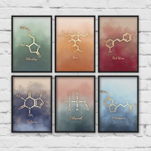 Set of 6 Bar Prints, Set of 6 Kitchen prints, Whiskey molecule, Wine Molecule, Chemistry art, alcohol art, set of 6 wall art