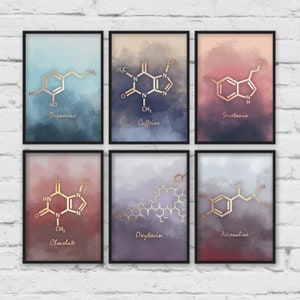 Set of 6 Prints, Serotonin molecule poster, Dopamine Molecule art, Caffeine poster, Chemistry gift, teacher gift, set of 6 wall art