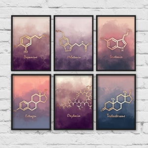 Molecule Set of six Prints, gallery wall set, Serotonin molecule, Dopamine Molecule, Chemistry art, classroom art, teacher gift