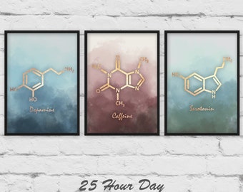 Set of 3 Prints, Serotonin molecule poster, Dopamine Molecule art, Caffeine poster, Chemistry gift, Wall art prints, set of 3 wall art