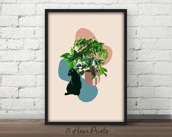 Instant Download Black Cat Plant Art, Black cat art, Plant art print, Cat plant art, Tropical Art Print, Neutral art, Cat art