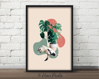 Instant Download Cat Plant Print, Calico cat art, Plant art print, Cat plant art, Tropical Art Print, Monstera art, Neutral art, calico art