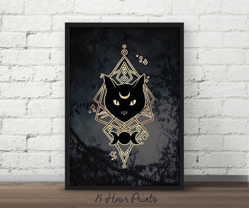 May include: Black cat silhouette with a crescent moon on its forehead, inside a gold geometric design with a triple moon symbol at the bottom. The design is on a dark blue background with a forest scene.