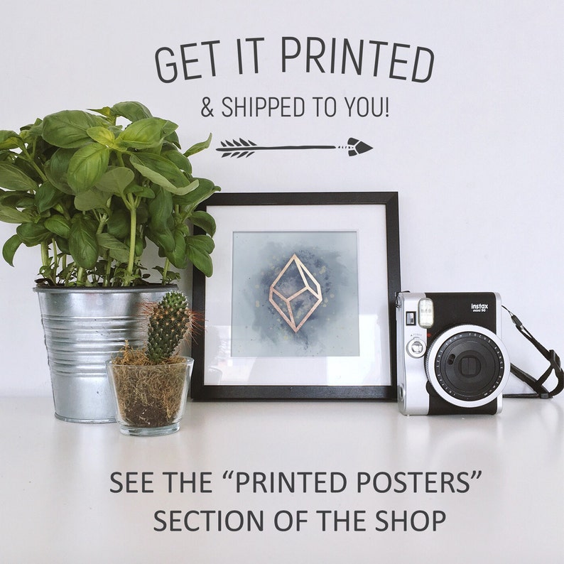 May include: A framed print of a geometric design with a watercolor background. The print is in a black frame and is sitting on a white surface. The text "GET IT PRINTED & SHIPPED TO YOU!" is at the top of the image. The text "SEE THE "PRINTED POSTERS" SECTION OF THE SHOP" is at the bottom of the image.