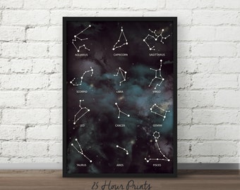 Sofortiger Download Galaxy Zodiac Art - Art Print - Printable - Digitaldrucke - Galaxy Print - Constellation Print - Zodiacs - PDF