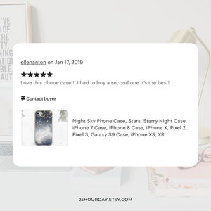 May include: A phone case with a starry night sky design. The case features a dark blue background with white clouds and gold glitter. The text "Night Sky Phone Case, Stars, Starry Night Case, iPhone 7 Case, iPhone 8 Case, iPhone X, Pixel 2, Pixel 3, Galaxy S9 Case, iPhone XS, XR" is printed on the bottom of the image.