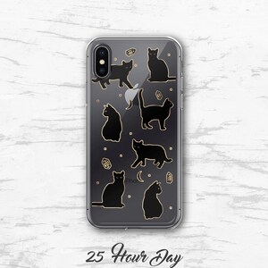 May include: Clear phone case with a black cat design. The case has a gold glitter background with black cats in various poses. The text "25 Hour Day" is printed on the bottom of the case.