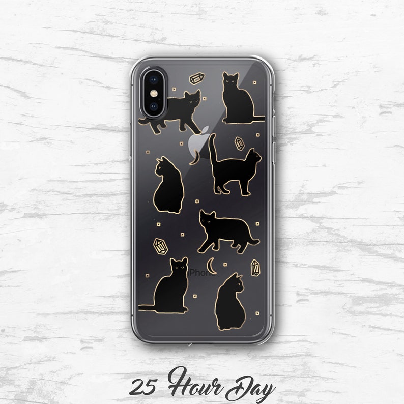 May include: Clear phone case with a black cat design. The case has a gold glitter background with black cats in various poses. The text "25 Hour Day" is printed on the bottom of the case.