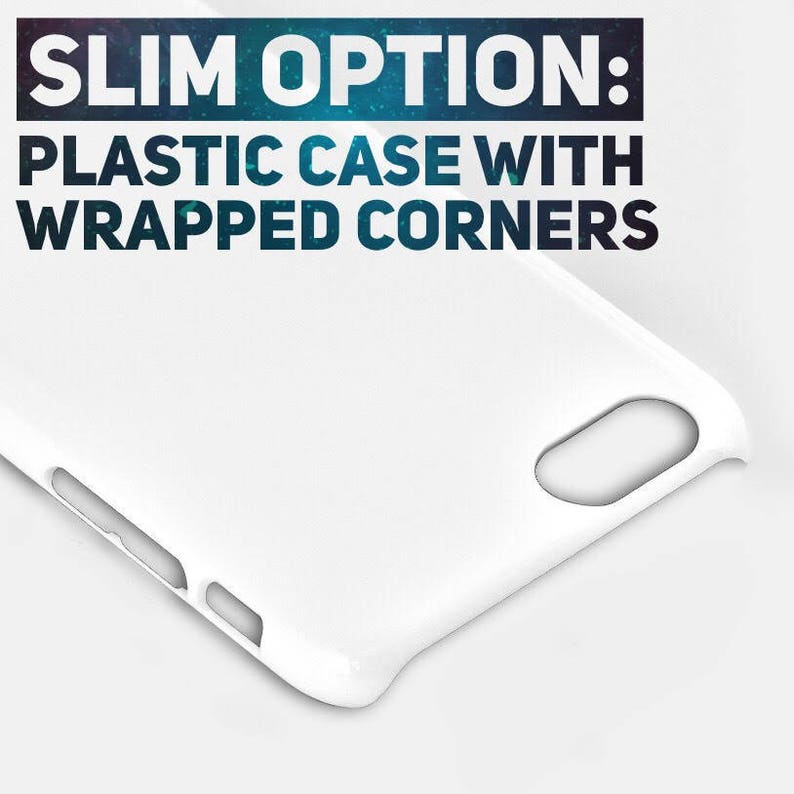 May include: A white plastic phone case with wrapped corners. The text "SLIM OPTION: PLASTIC CASE WITH WRAPPED CORNERS" is displayed at the top of the image. The case has cutouts for the phone's features.