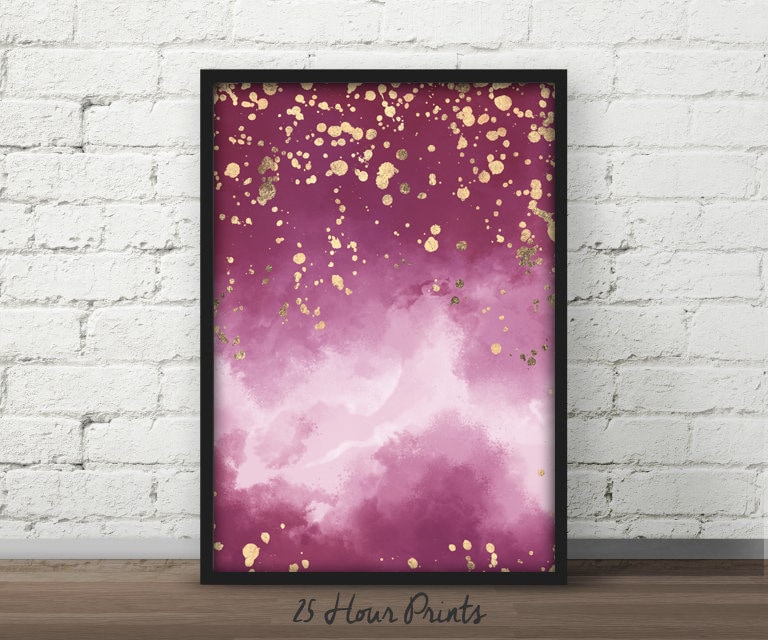 Pink Art Print Pink Wall Art Gold Stars Abstract Pink Etsy