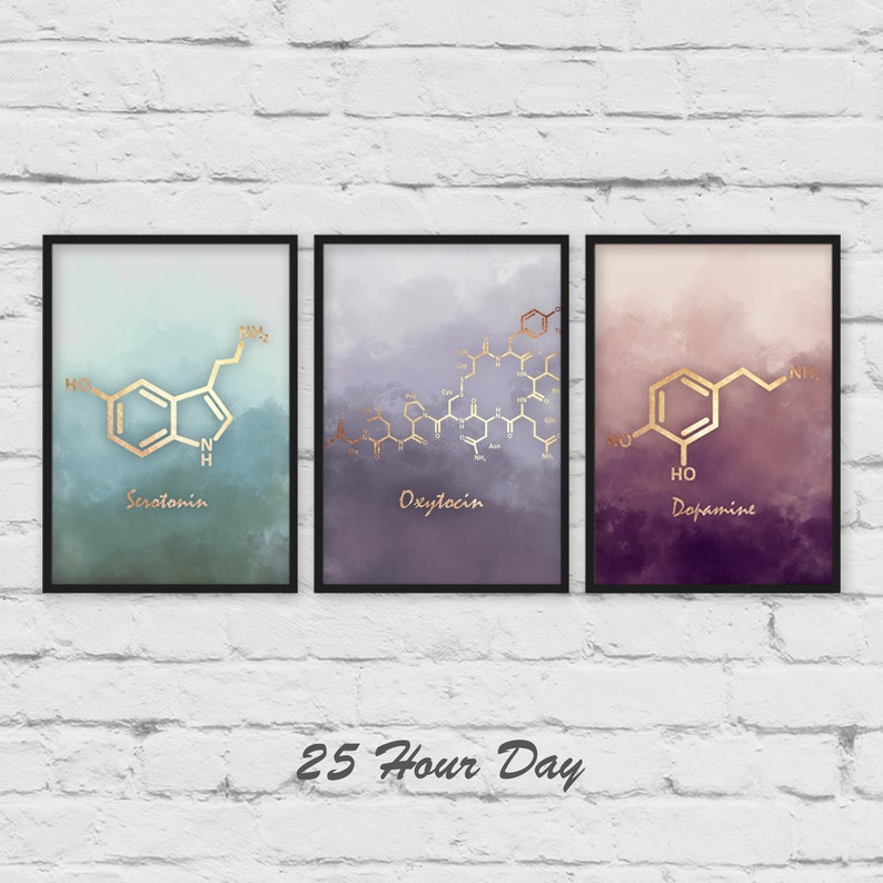 3 Piece wall art, Set of 3 Prints, Serotonin molecule poster, Dopamine Molecule art, Oxytocin poster, Chemistry gift, teacher gift image 1