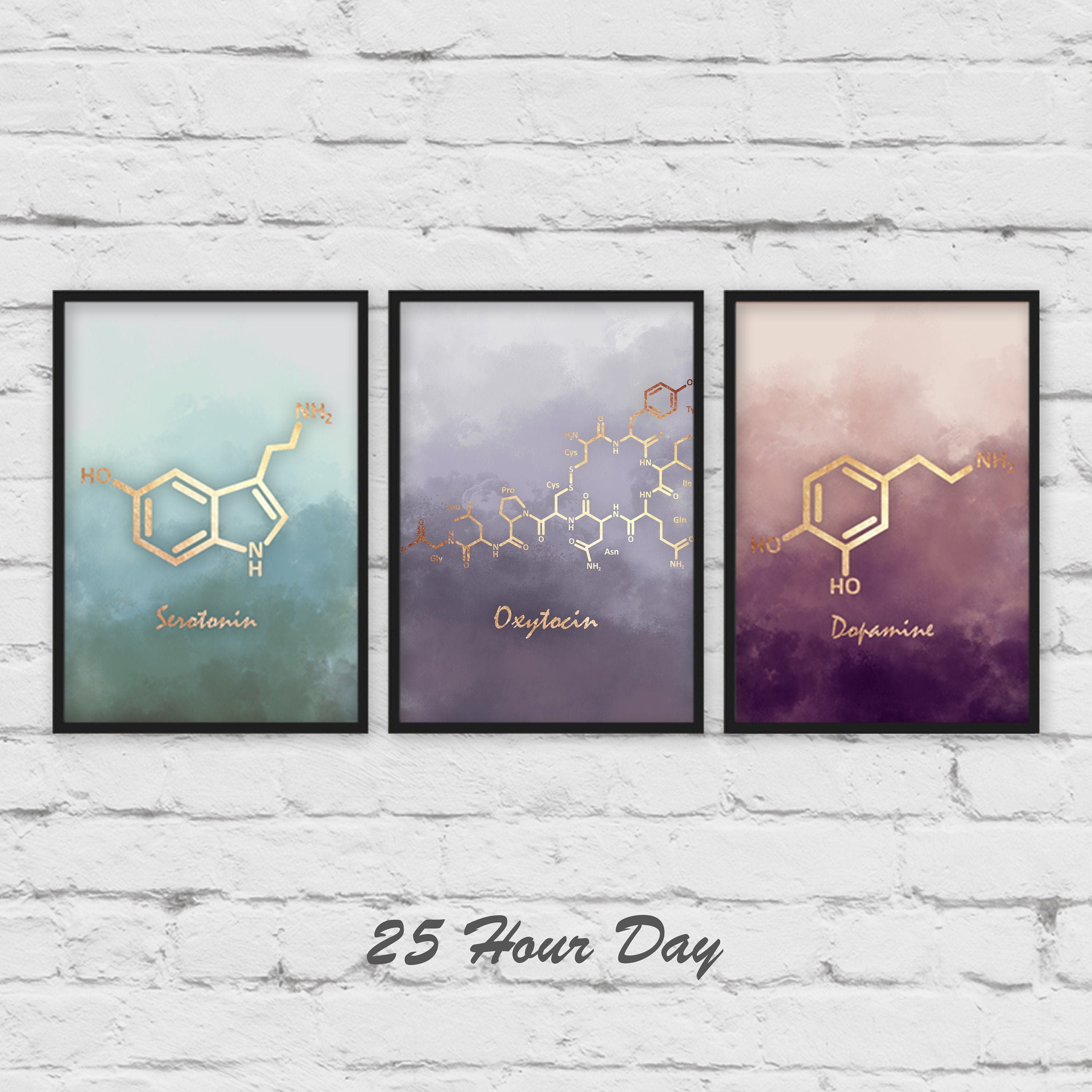 3 Piece wall art, Set of 3 Prints, Serotonin molecule poster, Dopamine Molecule art, Oxytocin poster, Chemistry gift, teacher gift