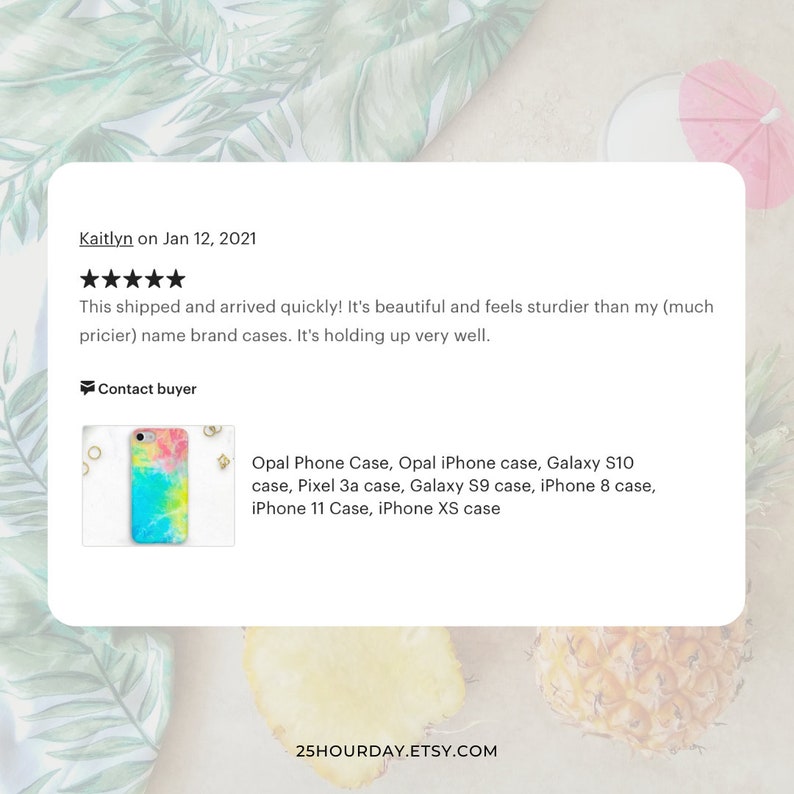 Peut inclure: Un avis client pour une coque de t&eacute;l&eacute;phone avec un design abstrait color&eacute;. L'avis est cinq &eacute;toiles et dit "La livraison a &eacute;t&eacute; rapide ! C'est magnifique et elle est plus solide que mes coques de marque (beaucoup plus ch&egrave;res). Elle tient tr&egrave;s bien." La coque de t&eacute;l&eacute;phone est visible sur l'image et le texte "Opal Phone Case, Opal iPhone case, Galaxy S10 case, Pixel 3a case, Galaxy S9 case, iPhone 8 case, iPhone 11 Case, iPhone XS case" est &eacute;galement visible.