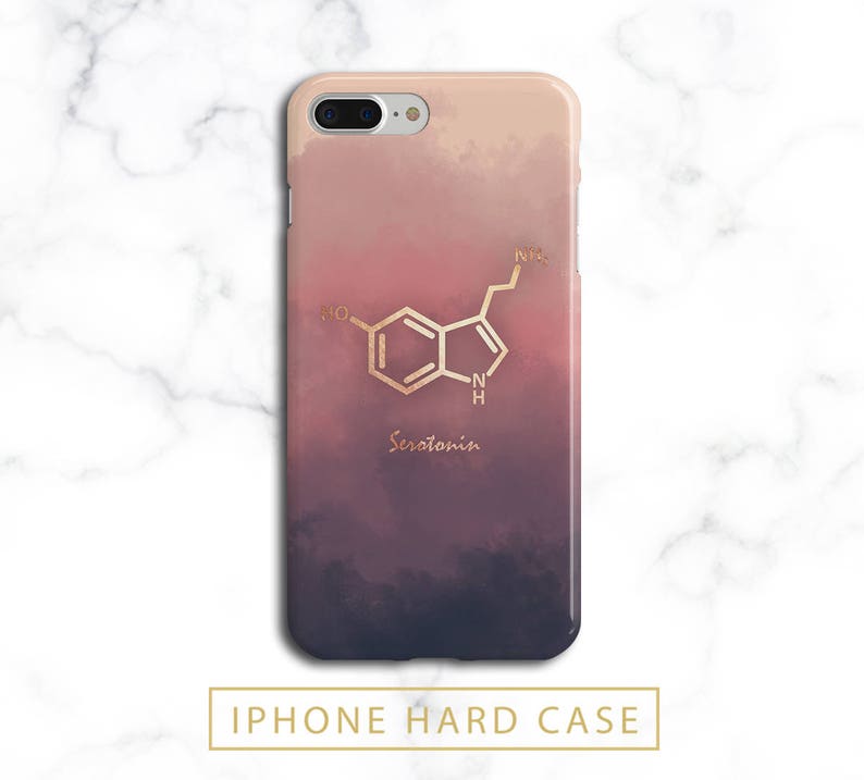 May include: An iPhone hard case with a watercolor gradient of pink, purple, and dark blue. The case features a gold-colored serotonin molecule design and the word "Serotonin" in gold script.