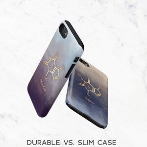 May include: Two phone cases with a watercolor design. One case has the word "Chocolate" and a gold molecular structure. The other case has the word "Caffeine" and a gold molecular structure. The text "Durable vs. Slim Case" is at the bottom.