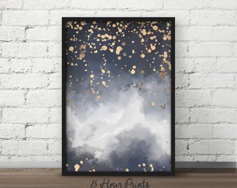 Instant Download - Blue Watercolor and Gold Night Sky Art Print