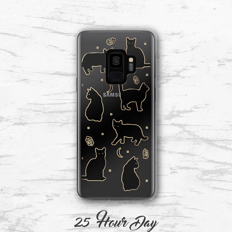 May include: A clear phone case with a black silhouette design of cats and crystals. The text "25 Hour Day" is printed on the bottom of the case.