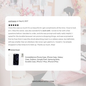 Peut inclure: Une coque de t&eacute;l&eacute;phone noire avec un motif de constellation. La coque est compatible avec les t&eacute;l&eacute;phones iPhone, Galaxy, Google Pixel et Samsung Note. Le texte "Constellations Phone Case, iPhone Case, Galaxy Case, Zodiacs, Google Pixel, Samsung Note, Durable Case, iPhone 7 Plus, iPhone 6 Plus" est imprim&eacute; sous l'image de la coque de t&eacute;l&eacute;phone.