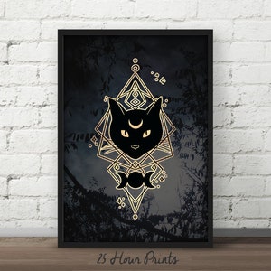 May include: A black cat silhouette with a crescent moon on its forehead is centered in a gold geometric design. The design is surrounded by a dark, blurry background with a forest-like pattern.