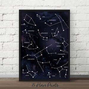 Instant Download - Constellations Map Galaxy Art Print, Blue Nebula