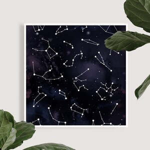 May include: A dark blue background with white constellations, resembling a night sky with stars.