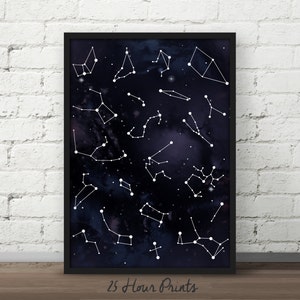Instant Download - Galaxy with Constellations Art Print, Blue Nebula