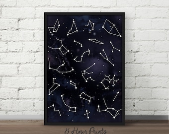 Instant Download - Galaxy with Constellations Art Print, Blue Nebula
