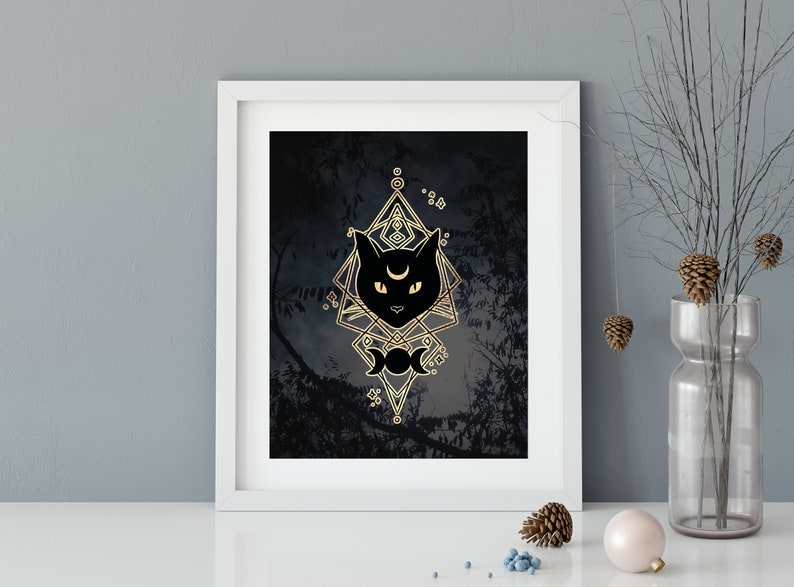 May include: A black cat silhouette with a crescent moon on its forehead is surrounded by a gold geometric design. The design includes a triple moon symbol and is set against a dark, forest-like background.
