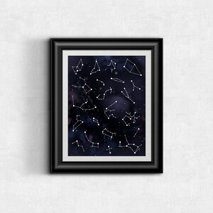 May include: A black framed print with a white background and a dark blue watercolor wash. The print features white outlines of constellations against the dark blue background.