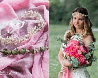 Farbwahl: Traumhafter Brautkranz mit Süßwasser-Perlen, Braut Haarschmuck klassisch, Braut Perlenschmuck
