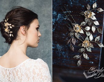 1pc Bridal hair pin, Bridal Hair pins, hair pins with leaves and flower, rose gold, gold or silver
