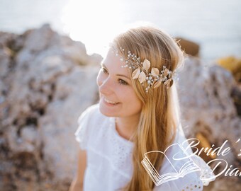 Pearls and leaves bridal wreath, asymmetrical bridal hair vine, vintage bridal hairpiece