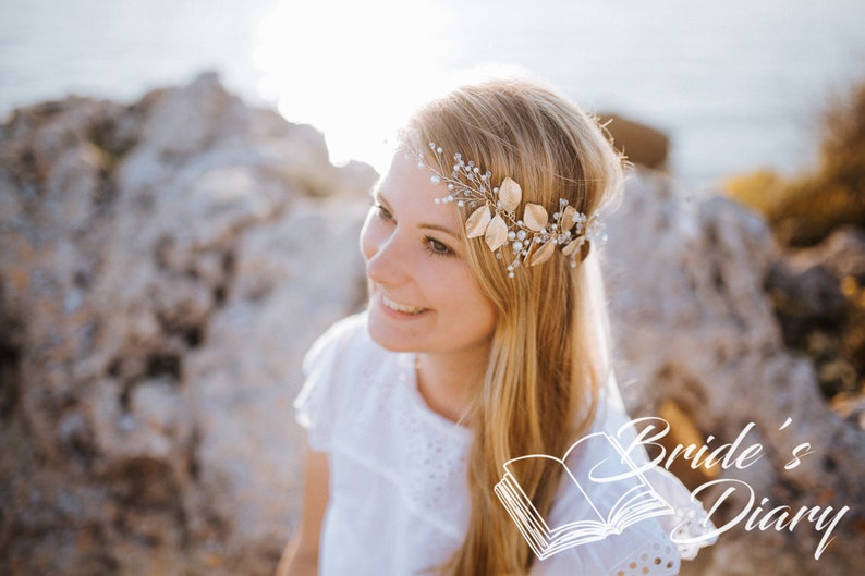 Pearls And Leaves Bridal Wreath Asymmetrical Bridal Hair Etsy