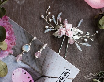 Set of Bridal hair pin + earrings, freshwater pearl Hair pin, silver hair pins with handmade flowers, wedding accessory