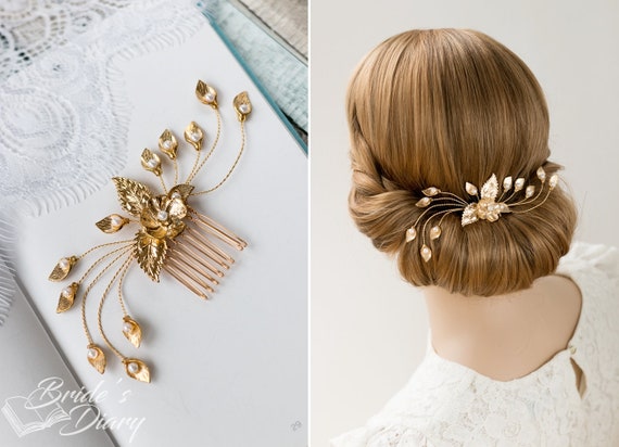 Vintage Gold Leaf Hair Barrette with Pearl Accents Gold Leaf Pearl Hair Clip, Vintage-inspired Hair Accessory  main image 3