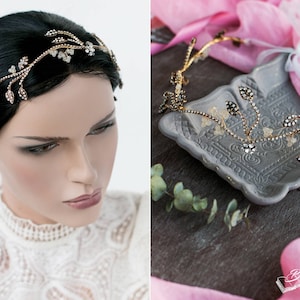 Boho Haarschmuck, Antikgold Bronze Brautkranz mit Perlen, Strass und Blumen, Braut Haarschmuck
