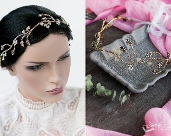 Boho Haarschmuck, Antikgold Bronze Brautkranz mit Perlen, Strass und Blumen, Braut Haarschmuck