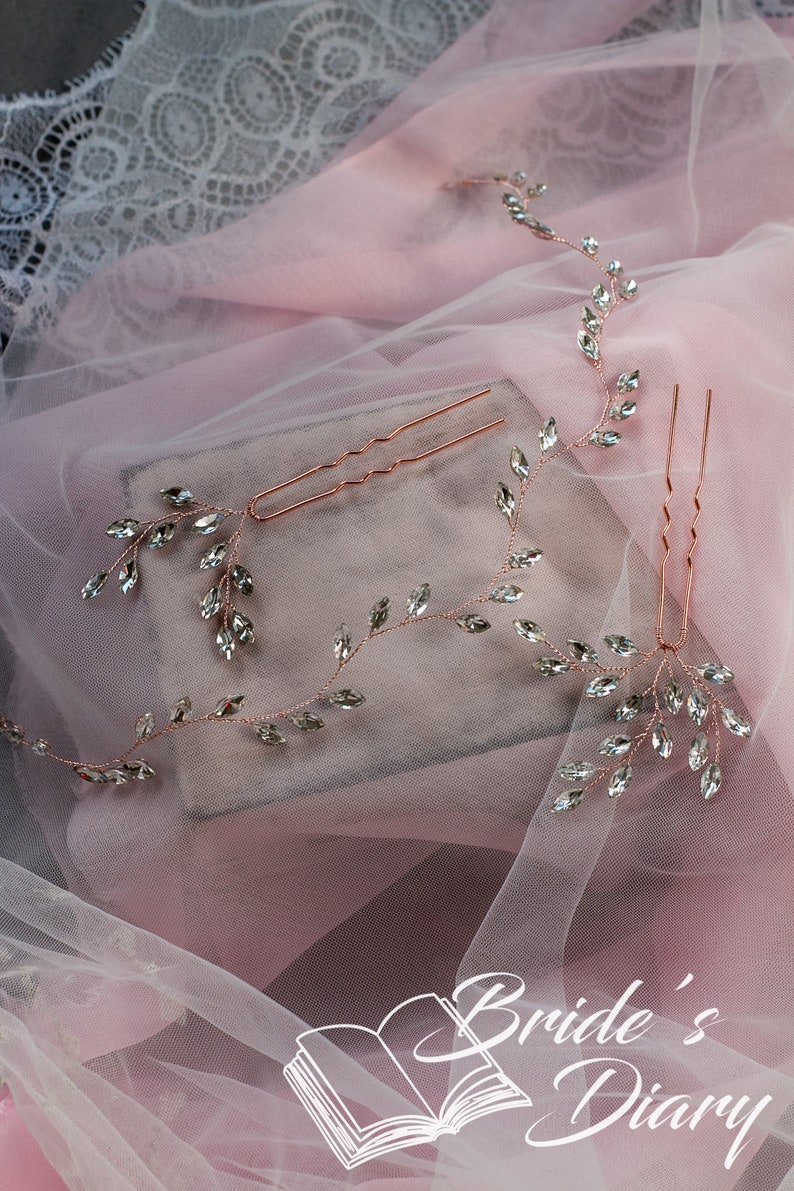 Set bridal hair vine 2 hairpins with rihinestones, Vintage bridal hairpiece set, Wedding hair jewelry image 10