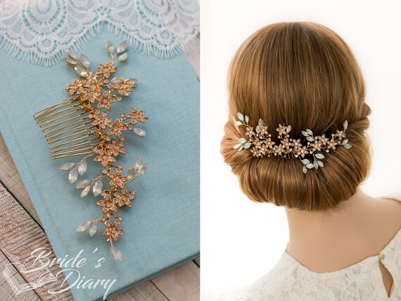 Wedding Hair Jewelry, Golden Vintage Bridal Hair Comb With  display picture 3