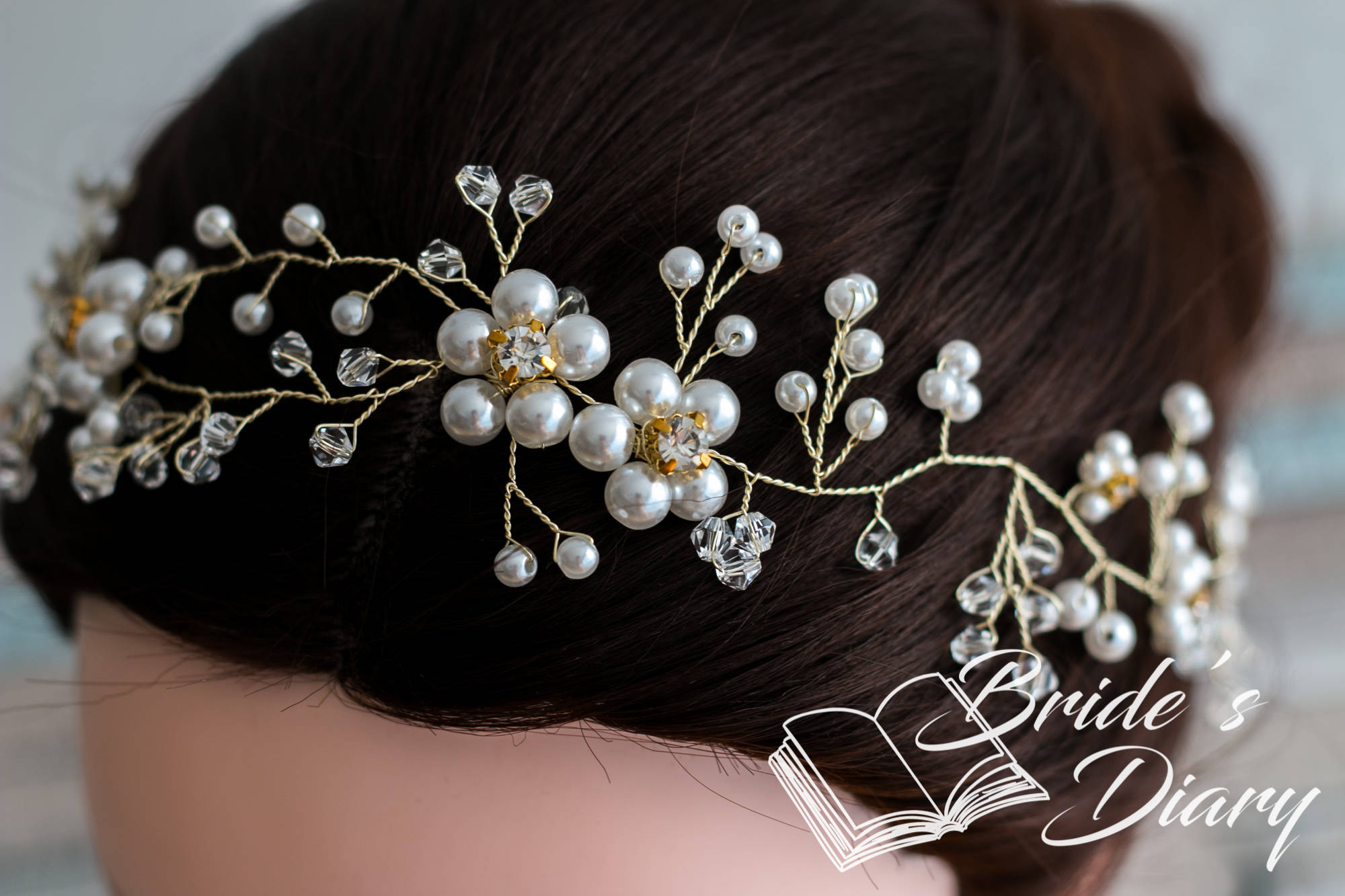 Bridal hair accessories, jeweler\'s wire with pearls, jewelry, band, wreath, vine Wedding Hair Jewelry, Pearls and Crystals Bridal Wreath  main image 4