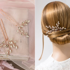 Set bridal hair vine 2 hairpins with rihinestones, Vintage bridal hairpiece set, Wedding hair jewelry image 2