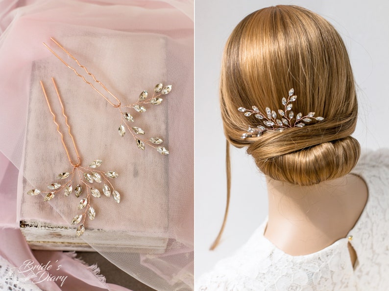 Set bridal hair vine 2 hairpins with rihinestones, Vintage bridal hairpiece set, Wedding hair jewelry image 2