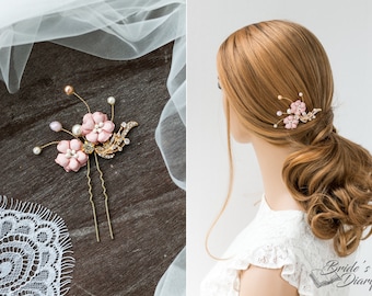 1pc Bridal hair pins, pearl hair pins, golden color hair pins with pink flowers