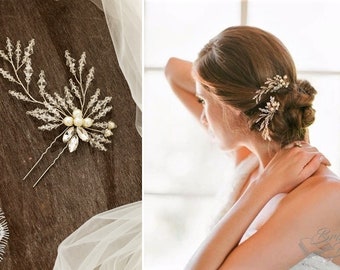 Bridal hair pin, long hair pin, silver hair pins with crystals, wedding hair comb