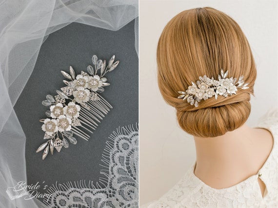 Handmade Silver Floral Bridal Hair Comb: Vintage Wedding Hairpiece Vintage Silver Bridal Hair Comb: Handmade Pearl Floral  main image 4