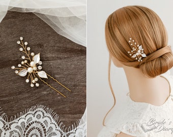 1pcs Bridal hair pins, pearl hair pins, vintage gold leaves color hair pins