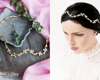 Simple boho wedding hair jewelry, elegant bridal headpiece, golden bridal hair vine, bridal halo greek style