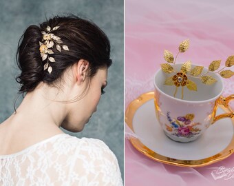 1pc Bridal hair pin, Bridal Hair pins, hair pins with leaves and flower, rose gold, gold or silver