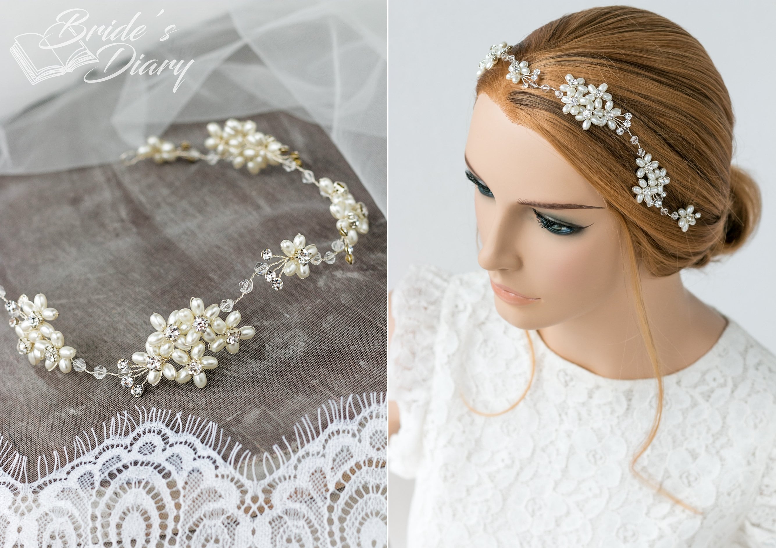 Pearls Bridal Wreath, Silver Wedding Hair Vine - Etsy display picture 3